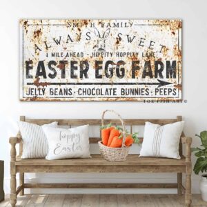 Easter Egg Farm Sign handmade by ToeFishArt. Original, custom, personalized wall decor signs. Canvas, Wood or Metal. Rustic modern farmhouse, cottagecore, vintage, retro, industrial, Americana, primitive, country, coastal, minimalist.