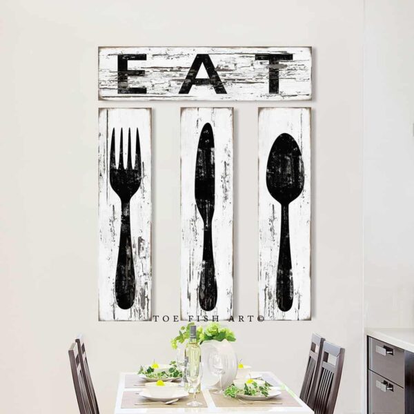 Eat Fork Knife Spoon Signs Set handmade by ToeFishArt. Original, custom, personalized wall decor signs. Canvas, Wood or Metal. Rustic modern farmhouse, cottagecore, vintage, retro, industrial, Americana, primitive, country, coastal, minimalist.