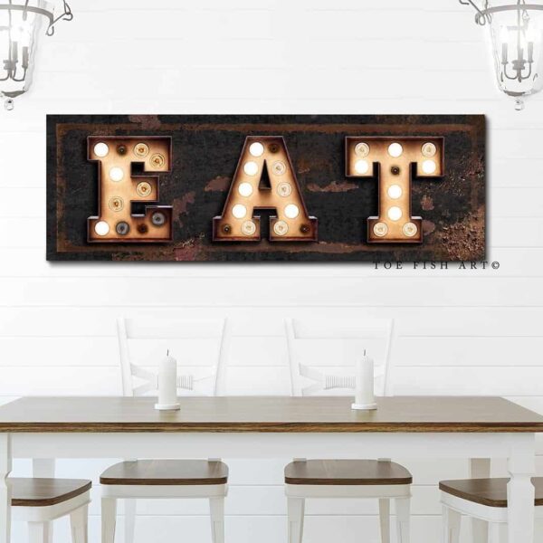 Eat "Marquee"-style Sign handmade by ToeFishArt. Original, custom, personalized wall decor signs. Canvas, Wood or Metal. Rustic modern farmhouse, cottagecore, vintage, retro, industrial, Americana, primitive, country, coastal, minimalist.