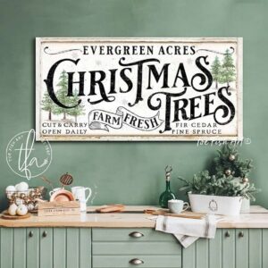 Evergreen Acres Christmas Trees Sign handmade by ToeFishArt. Original, custom, personalized wall decor signs. Canvas, Wood or Metal. Rustic modern farmhouse, cottagecore, vintage, retro, industrial, Americana, primitive, country, coastal, minimalist.