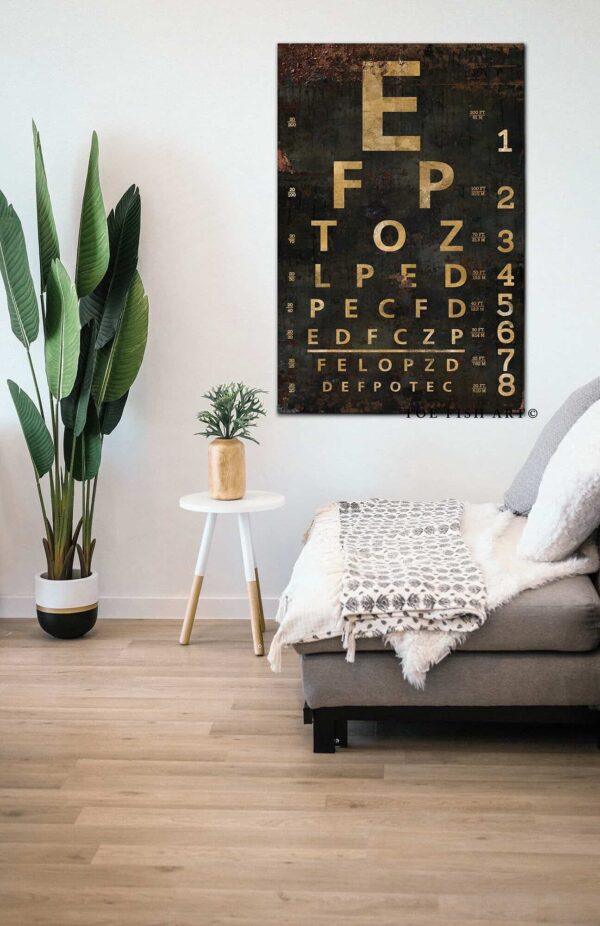 Eye Chart Sign handmade by ToeFishArt. Original, custom, personalized wall decor signs. Canvas, Wood or Metal. Rustic modern farmhouse, cottagecore, vintage, retro, industrial, Americana, primitive, country, coastal, minimalist.