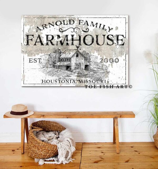 Family Farmhouse Sign handmade by ToeFishArt. Original, custom, personalized wall decor signs. Canvas, Wood or Metal. Rustic modern farmhouse, cottagecore, vintage, retro, industrial, Americana, primitive, country, coastal, minimalist.