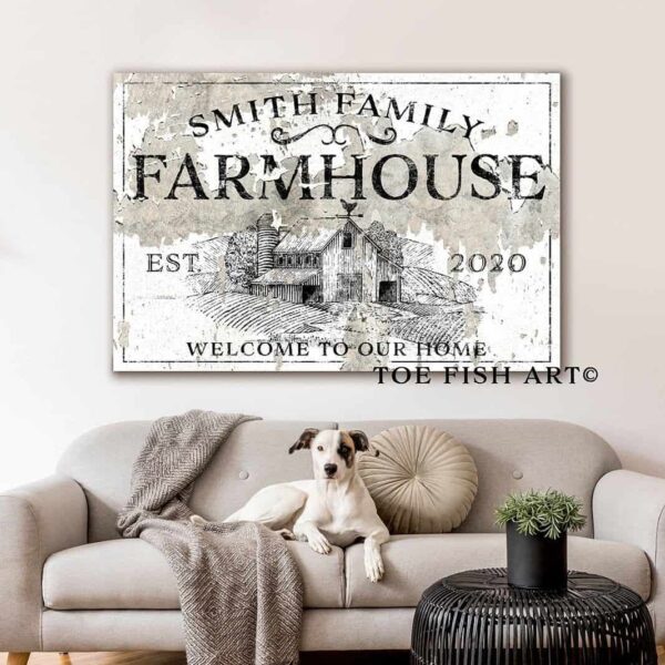 Family Farmhouse Sign handmade by ToeFishArt. Original, custom, personalized wall decor signs. Canvas, Wood or Metal. Rustic modern farmhouse, cottagecore, vintage, retro, industrial, Americana, primitive, country, coastal, minimalist.