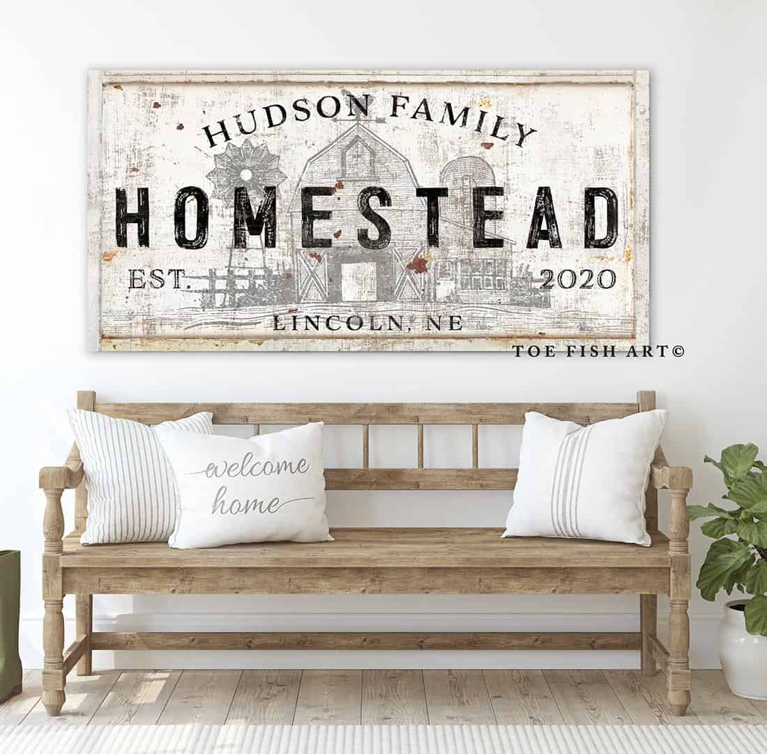 Family Homestead Sign handmade by ToeFishArt. Original, custom, personalized wall decor signs. Canvas, Wood or Metal. Rustic modern farmhouse, cottagecore, vintage, retro, industrial, Americana, primitive, country, coastal, minimalist.