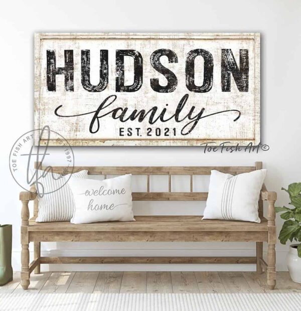 Family Name Sign handmade by ToeFishArt. Original, custom, personalized wall decor signs. Canvas, Wood or Metal. Rustic modern farmhouse, cottagecore, vintage, retro, industrial, Americana, primitive, country, coastal, minimalist.