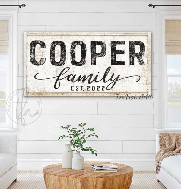 Family Name Sign handmade by ToeFishArt. Original, custom, personalized wall decor signs. Canvas, Wood or Metal. Rustic modern farmhouse, cottagecore, vintage, retro, industrial, Americana, primitive, country, coastal, minimalist.