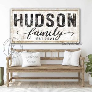 Family Name Sign handmade by ToeFishArt. Original, custom, personalized wall decor signs. Canvas, Wood or Metal. Rustic modern farmhouse, cottagecore, vintage, retro, industrial, Americana, primitive, country, coastal, minimalist.