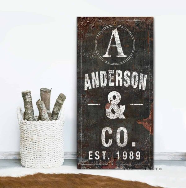 Family Name Sign handmade by ToeFishArt. Original, custom, personalized wall decor signs. Canvas, Wood or Metal. Rustic modern farmhouse, cottagecore, vintage, retro, industrial, Americana, primitive, country, coastal, minimalist.