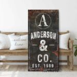 Family Name Sign handmade by ToeFishArt. Original, custom, personalized wall decor signs. Canvas, Wood or Metal. Rustic modern farmhouse, cottagecore, vintage, retro, industrial, Americana, primitive, country, coastal, minimalist.