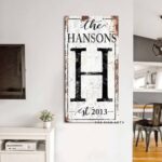 Family Name Sign handmade by ToeFishArt. Original, custom, personalized wall decor signs. Canvas, Wood or Metal. Rustic modern farmhouse, cottagecore, vintage, retro, industrial, Americana, primitive, country, coastal, minimalist.