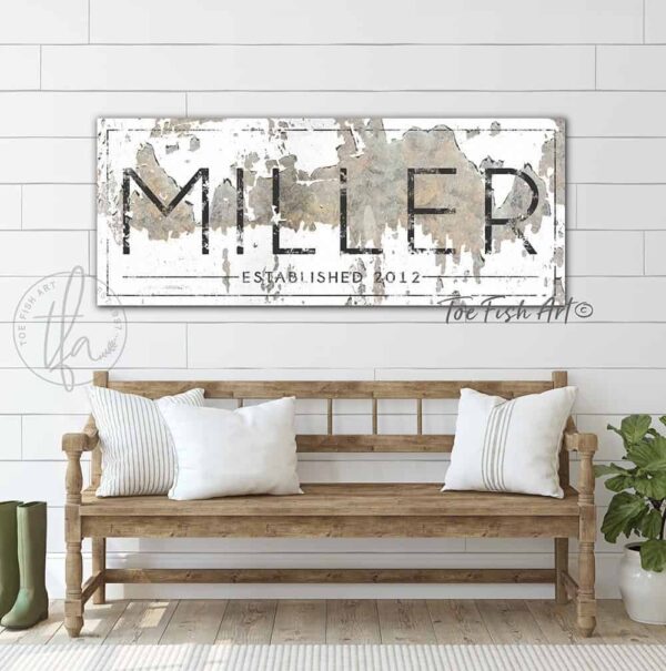 Family Name Sign handmade by ToeFishArt. Original, custom, personalized wall decor signs. Canvas, Wood or Metal. Rustic modern farmhouse, cottagecore, vintage, retro, industrial, Americana, primitive, country, coastal, minimalist.