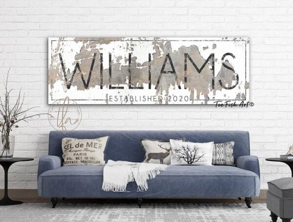 Family Name Sign handmade by ToeFishArt. Original, custom, personalized wall decor signs. Canvas, Wood or Metal. Rustic modern farmhouse, cottagecore, vintage, retro, industrial, Americana, primitive, country, coastal, minimalist.