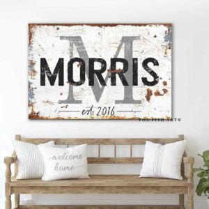 Family Name Sign handmade by ToeFishArt. Original, custom, personalized wall decor signs. Canvas, Wood or Metal. Rustic modern farmhouse, cottagecore, vintage, retro, industrial, Americana, primitive, country, coastal, minimalist.