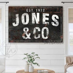 Family Name Sign handmade by ToeFishArt. Original, custom, personalized wall decor signs. Canvas, Wood or Metal. Rustic modern farmhouse, cottagecore, vintage, retro, industrial, Americana, primitive, country, coastal, minimalist.