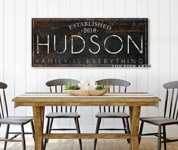 Family Name Sign handmade by ToeFishArt. Original, custom, personalized wall decor signs. Canvas, Wood or Metal. Rustic modern farmhouse, cottagecore, vintage, retro, industrial, Americana, primitive, country, coastal, minimalist.