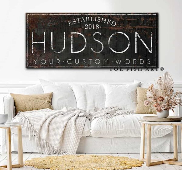 Family Name Sign handmade by ToeFishArt. Original, custom, personalized wall decor signs. Canvas, Wood or Metal. Rustic modern farmhouse, cottagecore, vintage, retro, industrial, Americana, primitive, country, coastal, minimalist.