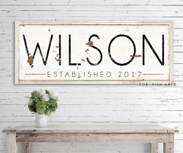 Family Name Sign handmade by ToeFishArt. Original, custom, personalized wall decor signs. Canvas, Wood or Metal. Rustic modern farmhouse, cottagecore, vintage, retro, industrial, Americana, primitive, country, coastal, minimalist.