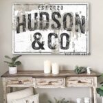 Family Name Sign handmade by ToeFishArt. Original, custom, personalized wall decor signs. Canvas, Wood or Metal. Rustic modern farmhouse, cottagecore, vintage, retro, industrial, Americana, primitive, country, coastal, minimalist.