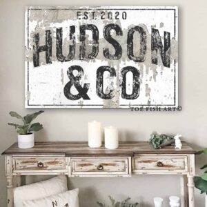 Family Name Sign handmade by ToeFishArt. Original, custom, personalized wall decor signs. Canvas, Wood or Metal. Rustic modern farmhouse, cottagecore, vintage, retro, industrial, Americana, primitive, country, coastal, minimalist.
