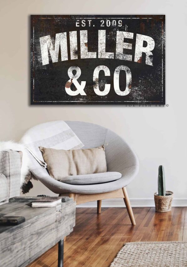 Family Name Sign handmade by ToeFishArt. Original, custom, personalized wall decor signs. Canvas, Wood or Metal. Rustic modern farmhouse, cottagecore, vintage, retro, industrial, Americana, primitive, country, coastal, minimalist.