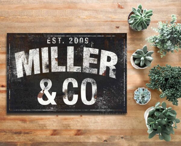 Family Name Sign handmade by ToeFishArt. Original, custom, personalized wall decor signs. Canvas, Wood or Metal. Rustic modern farmhouse, cottagecore, vintage, retro, industrial, Americana, primitive, country, coastal, minimalist.