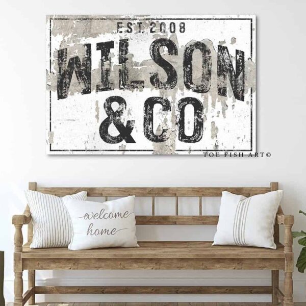 Family Name Sign handmade by ToeFishArt. Original, custom, personalized wall decor signs. Canvas, Wood or Metal. Rustic modern farmhouse, cottagecore, vintage, retro, industrial, Americana, primitive, country, coastal, minimalist.