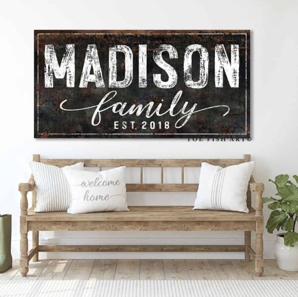 Family Name Sign handmade by ToeFishArt. Original, custom, personalized wall decor signs. Canvas, Wood or Metal. Rustic modern farmhouse, cottagecore, vintage, retro, industrial, Americana, primitive, country, coastal, minimalist.