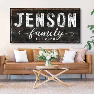 Family Name Sign handmade by ToeFishArt. Original, custom, personalized wall decor signs. Canvas, Wood or Metal. Rustic modern farmhouse, cottagecore, vintage, retro, industrial, Americana, primitive, country, coastal, minimalist.