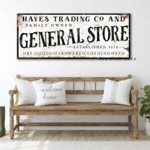 Family Owned General Store Sign handmade by ToeFishArt. Original, custom, personalized wall decor signs. Canvas, Wood or Metal. Rustic modern farmhouse, cottagecore, vintage, retro, industrial, Americana, primitive, country, coastal, minimalist.