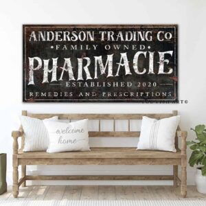 Family Owned Pharmacie Sign handmade by ToeFishArt. Original, custom, personalized wall decor signs. Canvas, Wood or Metal. Rustic modern farmhouse, cottagecore, vintage, retro, industrial, Americana, primitive, country, coastal, minimalist.