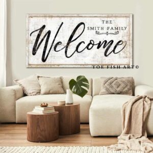 Family Welcome Sign handmade by ToeFishArt. Original, custom, personalized wall decor signs. Canvas, Wood or Metal. Rustic modern farmhouse, cottagecore, vintage, retro, industrial, Americana, primitive, country, coastal, minimalist.