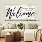 Family Welcome Sign handmade by ToeFishArt. Original, custom, personalized wall decor signs. Canvas, Wood or Metal. Rustic modern farmhouse, cottagecore, vintage, retro, industrial, Americana, primitive, country, coastal, minimalist.