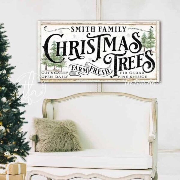 Farm Fresh Christmas Trees Sign handmade by ToeFishArt. Original, custom, personalized wall decor signs. Canvas, Wood or Metal. Rustic modern farmhouse, cottagecore, vintage, retro, industrial, Americana, primitive, country, coastal, minimalist.