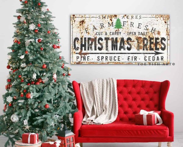 Farm Fresh Christmas Trees Sign handmade by ToeFishArt. Original, custom, personalized wall decor signs. Canvas, Wood or Metal. Rustic modern farmhouse, cottagecore, vintage, retro, industrial, Americana, primitive, country, coastal, minimalist.