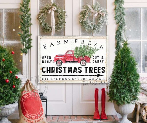 Farm Fresh Christmas Trees Sign handmade by ToeFishArt. Original, custom, personalized wall decor signs. Canvas, Wood or Metal. Rustic modern farmhouse, cottagecore, vintage, retro, industrial, Americana, primitive, country, coastal, minimalist.