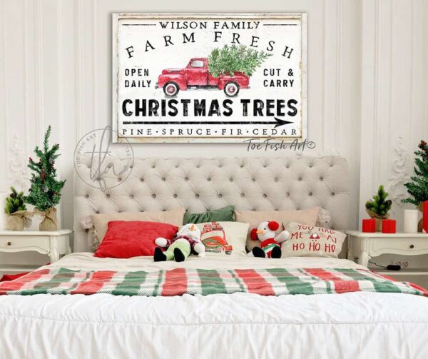 Farm Fresh Christmas Trees Sign handmade by ToeFishArt. Original, custom, personalized wall decor signs. Canvas, Wood or Metal. Rustic modern farmhouse, cottagecore, vintage, retro, industrial, Americana, primitive, country, coastal, minimalist.