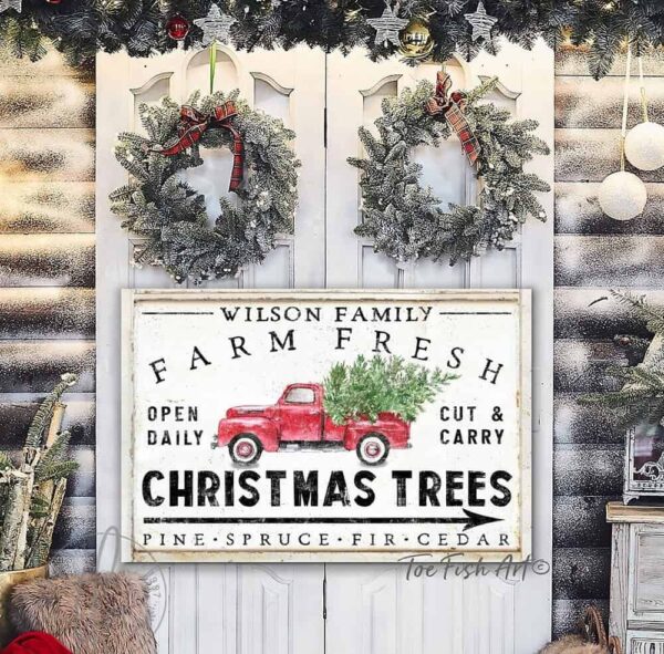 Farm Fresh Christmas Trees Sign handmade by ToeFishArt. Original, custom, personalized wall decor signs. Canvas, Wood or Metal. Rustic modern farmhouse, cottagecore, vintage, retro, industrial, Americana, primitive, country, coastal, minimalist.