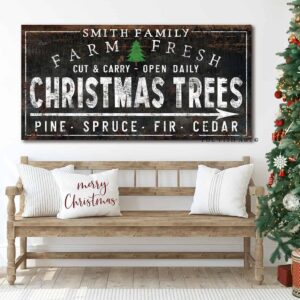 Farm Fresh Christmas Trees Sign handmade by ToeFishArt. Original, custom, personalized wall decor signs. Canvas, Wood or Metal. Rustic modern farmhouse, cottagecore, vintage, retro, industrial, Americana, primitive, country, coastal, minimalist.