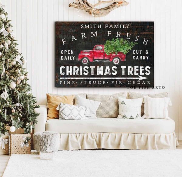 Farm Fresh Christmas Trees Sign handmade by ToeFishArt. Original, custom, personalized wall decor signs. Canvas, Wood or Metal. Rustic modern farmhouse, cottagecore, vintage, retro, industrial, Americana, primitive, country, coastal, minimalist.