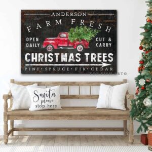 Farm Fresh Christmas Trees Sign handmade by ToeFishArt. Original, custom, personalized wall decor signs. Canvas, Wood or Metal. Rustic modern farmhouse, cottagecore, vintage, retro, industrial, Americana, primitive, country, coastal, minimalist.