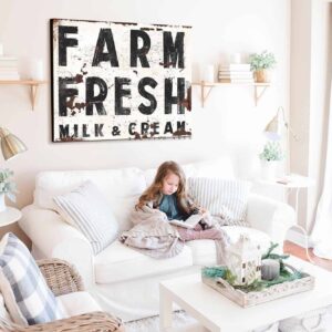 Farm Fresh Milk & Cream Sign handmade by ToeFishArt. Original, custom, personalized wall decor signs. Canvas, Wood or Metal. Rustic modern farmhouse, cottagecore, vintage, retro, industrial, Americana, primitive, country, coastal, minimalist.