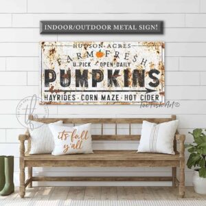 Farm Fresh Pumpkins Personalized Sign handmade by ToeFishArt. Original, custom, personalized wall decor signs. Canvas, Wood or Metal. Rustic modern farmhouse, cottagecore, vintage, retro, industrial, Americana, primitive, country, coastal, minimalist.