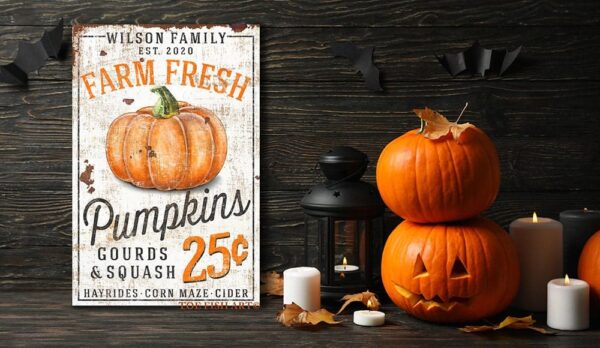 Farm Fresh Pumpkins Sign handmade by ToeFishArt. Original, custom, personalized wall decor signs. Canvas, Wood or Metal. Rustic modern farmhouse, cottagecore, vintage, retro, industrial, Americana, primitive, country, coastal, minimalist.