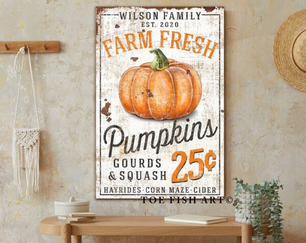 Farm Fresh Pumpkins Sign handmade by ToeFishArt. Original, custom, personalized wall decor signs. Canvas, Wood or Metal. Rustic modern farmhouse, cottagecore, vintage, retro, industrial, Americana, primitive, country, coastal, minimalist.