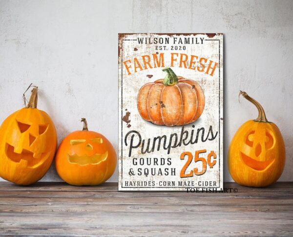 Farm Fresh Pumpkins Sign handmade by ToeFishArt. Original, custom, personalized wall decor signs. Canvas, Wood or Metal. Rustic modern farmhouse, cottagecore, vintage, retro, industrial, Americana, primitive, country, coastal, minimalist.