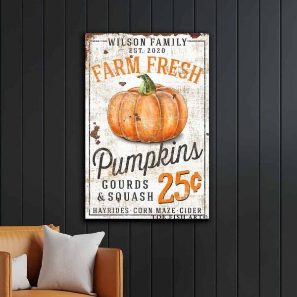 Farm Fresh Pumpkins Sign handmade by ToeFishArt. Original, custom, personalized wall decor signs. Canvas, Wood or Metal. Rustic modern farmhouse, cottagecore, vintage, retro, industrial, Americana, primitive, country, coastal, minimalist.