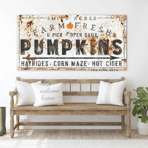 Farm Fresh Pumpkins Sign handmade by ToeFishArt. Original, custom, personalized wall decor signs. Canvas, Wood or Metal. Rustic modern farmhouse, cottagecore, vintage, retro, industrial, Americana, primitive, country, coastal, minimalist.