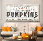 Farm Fresh Pumpkins Sign handmade by ToeFishArt. Original, custom, personalized wall decor signs. Canvas, Wood or Metal. Rustic modern farmhouse, cottagecore, vintage, retro, industrial, Americana, primitive, country, coastal, minimalist.