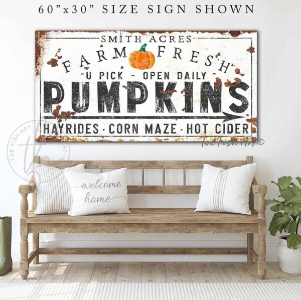 Farm Fresh Pumpkins Sign handmade by ToeFishArt. Original, custom, personalized wall decor signs. Canvas, Wood or Metal. Rustic modern farmhouse, cottagecore, vintage, retro, industrial, Americana, primitive, country, coastal, minimalist.