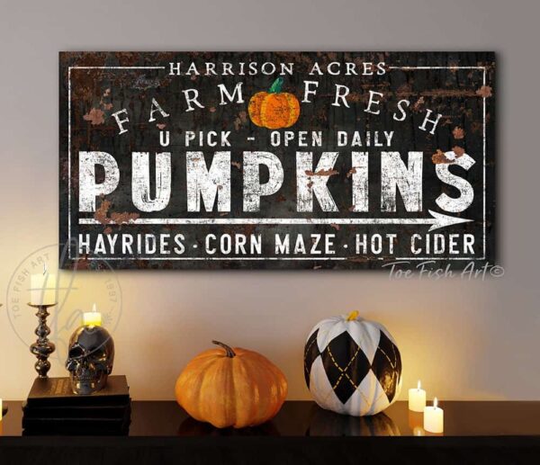 Farm Fresh Pumpkins Sign handmade by ToeFishArt. Original, custom, personalized wall decor signs. Canvas, Wood or Metal. Rustic modern farmhouse, cottagecore, vintage, retro, industrial, Americana, primitive, country, coastal, minimalist.